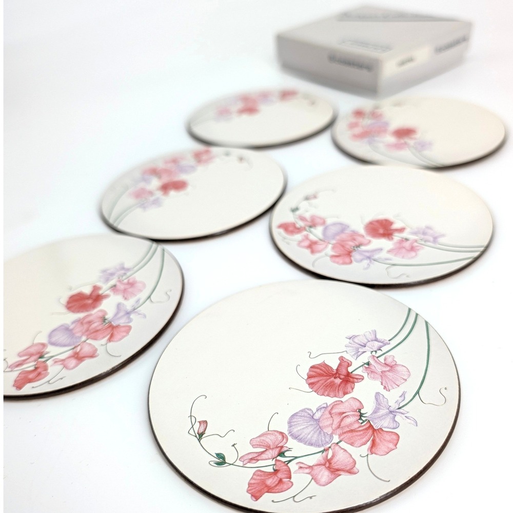 Jason Sweetpea Coasters Set of 6 Floral Cork Backed New Zealand Made Round
